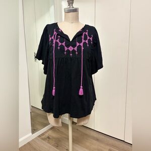 Knox Rose Black Boho Embroidered Peasant Top Tassel Short Sleeve Woman Large